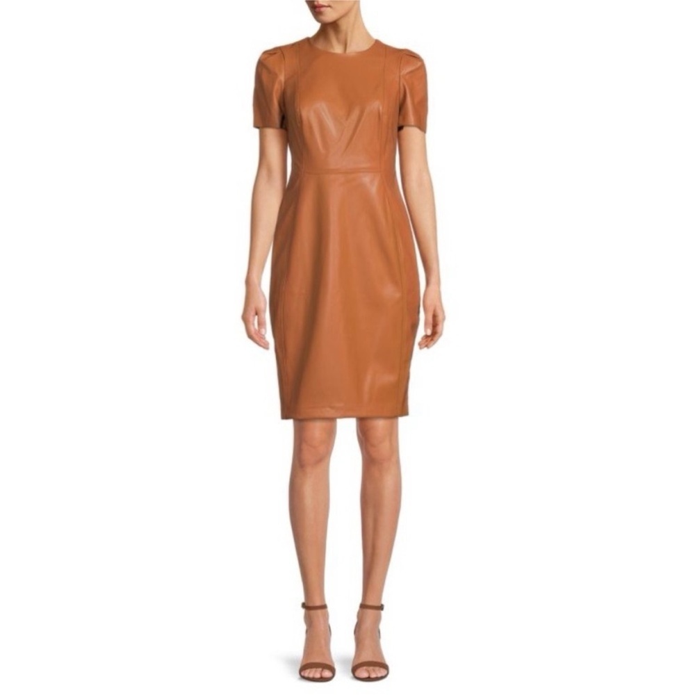 Calvin Klein Camel Tan Faux Leather Dress Caramel Mocha Expresso 10 Vegan